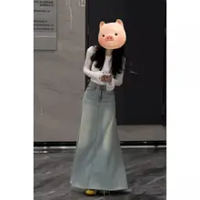 美しいデザイン！ウォッシュブルーデニム Aラインスカート【ハイウエスト・フリンジ付き】