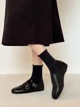 羊皮製 レトロ風 ブロック彫刻 リーフシューズ【ダブルバックル・内蔵ヒール・女性用】