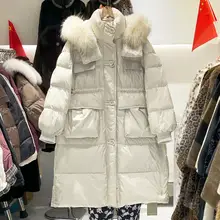 豪華なフォックスファー付きフードコート【ウエストリボン・長袖・白鹅绒仕様】