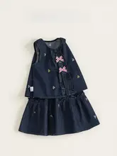 夏用レトロ個性的な子供用デニムセット【リボン付きタンクトップ・刺繍Aラインスカート】（セットアップ対応）