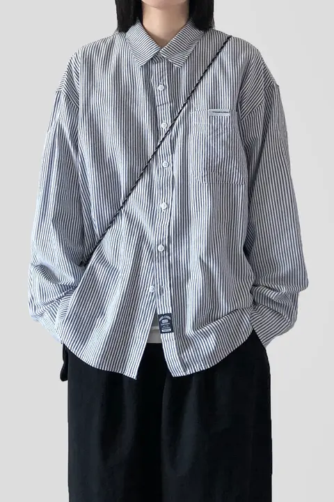 春秋用 ヴィンテージ風 ストライプ長袖シャツ【男女兼用・フィット・カジュアル】（セットアップ対応）