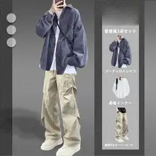 春秋向けコーデュロイシャツとデニムパンツのセットアップ（セットアップ対応）