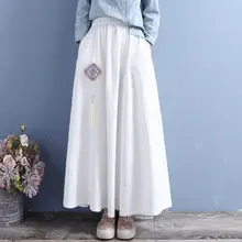コットンリネン製 レディース刺繍入りフリンジ飾りスカート【春夏用・ウエストゴム・ゆったりデザイン】