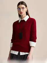 100%ラムウールのシンプルな女性用ニットセーター【ラウンドネック・長袖・カジュアル】（セットアップ対応）