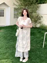 高級感のある中華風刺繍プリントブラウス【フィット・女性用】とワイドパンツ（セットアップ対応）