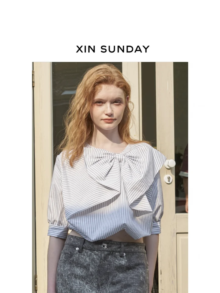 フリル付きストライプ半袖ブラウス【夏用・リボンデザイン・レディース】