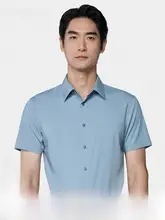 夏用ビジネスシャツ【白青色・短袖・自然なドレープ感】