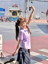 白桃汽水風半袖シャツとスカートの女子高生制服【甘美な学院風・プリントデザイン】（セットアップ対応）