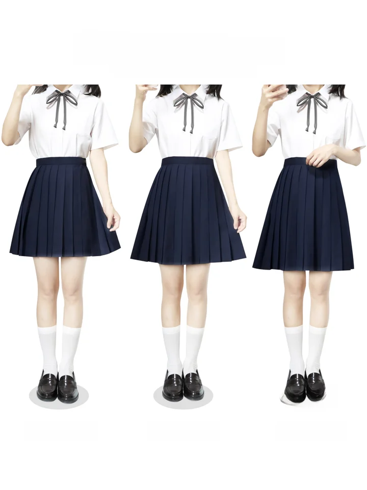 シンプルな無地JK制服 百褶スカート【夏用・ロング丈・紺色・黒・灰色】