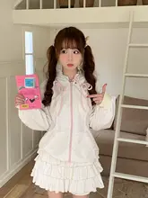春秋向けピンクドットフード付きスウェットシャツとケーキスカートのコーディネート（セットアップ対応）