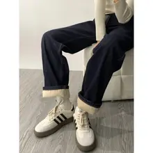 高身長用 深青色デニムストレートパンツ【秋冬用・裏起毛・フィット・ハイウエスト】
