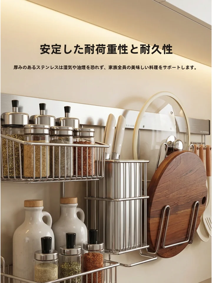 キッチン用ステンレス製収納ラック【壁掛け式・鍋蓋・調理器具・まな板用】