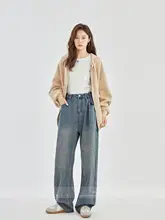 デザイン性のあるハイウエストストレートデニムパンツ【ゆったりシルエット・秋用・女性向け】