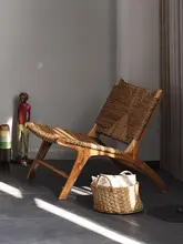 レトロな籐編み木製背もたれリクライニングチェア【シングルソファ・バルコニー用・ハウスデザイン】