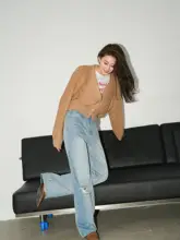 ヴィンテージ風ウォッシュ加工ハイウエストファッション穴あきワイドデニムパンツ（セットアップ対応）