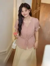 夏用Vネック短袖ブラウス＆ウエストリボン付きスカート【女性用・大きいサイズ・エレガントデザイン】（セットアップ対応）