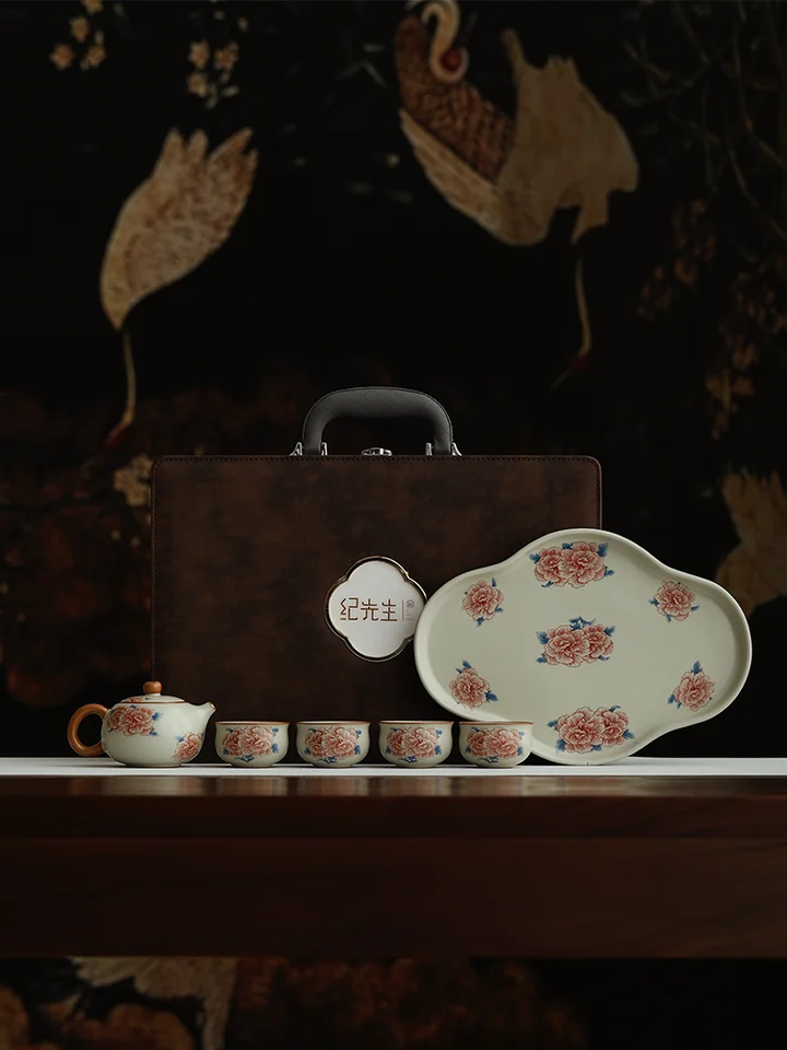 高級 芙蓉花デザインの茶具【汝窯風・ギフト向け・女性用】（セットアップ対応）