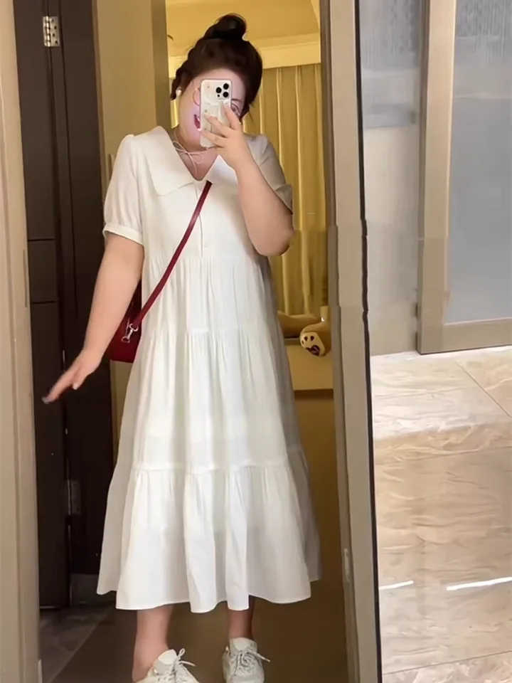 夏用大きいサイズ フレンチスタイル ホワイトドレス【ウエスト絞り・中長丈・小柄対応】