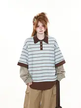 おしゃれなチェックとストライプのポロ襟Tシャツ【春秋用・ルーズフィット・偽二重デ ザイン】（セットアップ対応）
