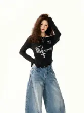 アメリカンレトロデザインの字母プリントオフショルダー長袖Tシャツ【スタイリッシュ・体型カバー・レディース】