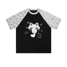 刺繍入り小猫星柄クルーネック半袖Tシャツ【ユニセックス・カジュアル・ゆったりタイプ】
