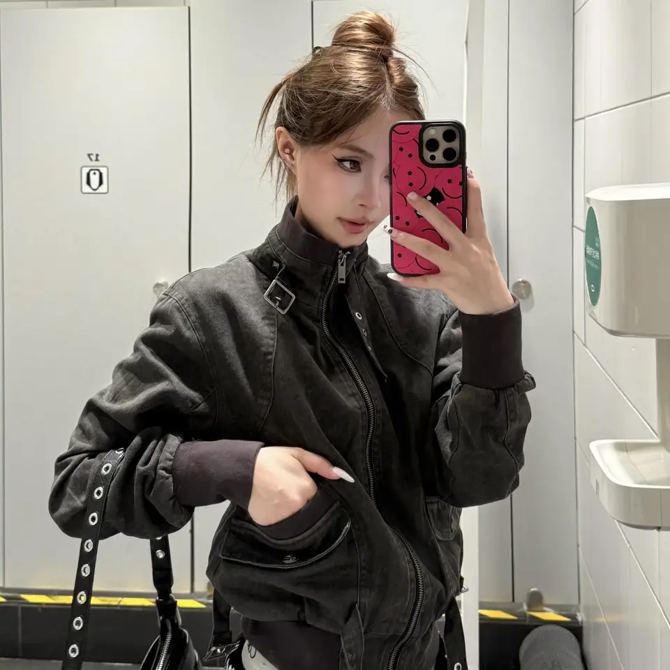 デニム工場風ジャケット【洗い加工・ノーカラー・女性用・フィット感あり】