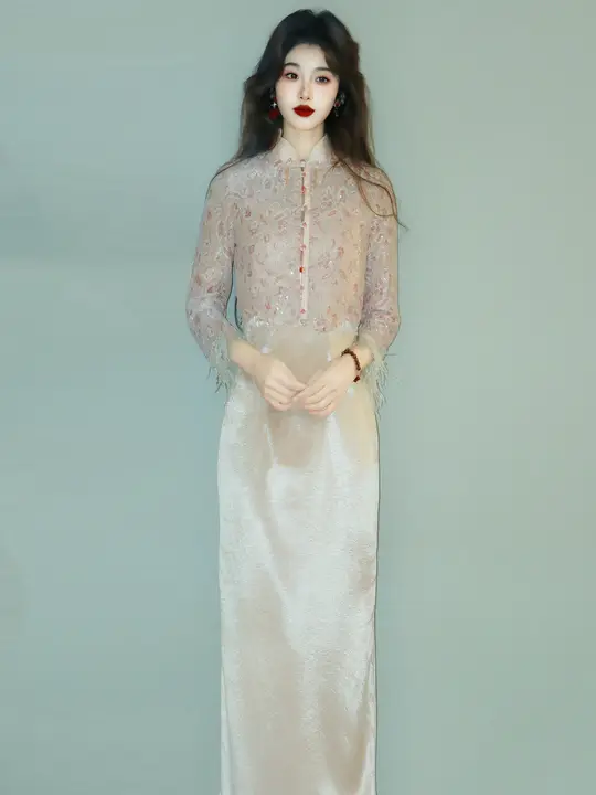 春夏用ピンク中華風チーパオ【高級感・若者向け・領証婚姻対応】（セットアップ対応）