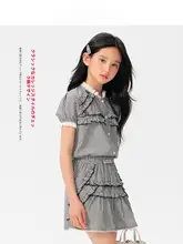 セットアップ 2点セット キッズ ガールズ チェック柄 フリルブラウス Aラインスカート プレピースタイル 夏 「BarryBanny」