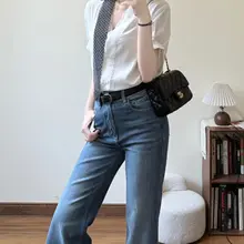 深い青のワイドフレアデニムパンツ【高腰・レディース・春夏用】（セットアップ対応）