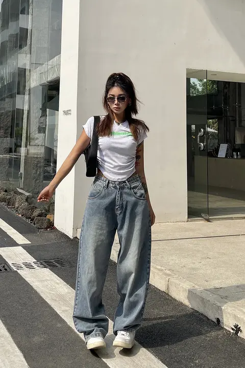 ヴィンテージ風 レディースワイドレッグデニムパンツ【ゆったりタイプ・ブルー・ロング丈】