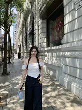 一字肩デザインのトップスとワイドレッグジーンズ【大きいサイズ・カジュアルスタイル】（セットアップ対応）