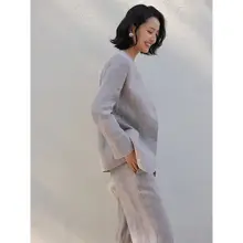 セットアップ レディース リネン ノーカラージャケット ハイウエストパンツ スモーキーパープル 抜け感 通勤 オフィスカジュアル