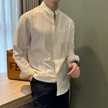 通勤用 軽やかな麻の立襟シャツ【しわ加工・透湿・フィット・長袖】