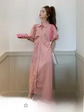 ピンクのポロ襟シャツワンピース【夏用・フレンチスタイル・バルーンスリーブ・体型カバー】