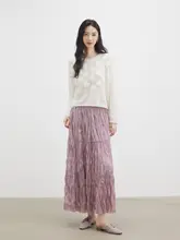 文芸刺繍デザインのウールニットトップス【立体花・ブルー・クルーネック】