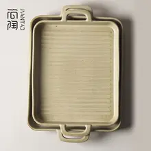 和風デザインの陶器製二つ耳付き焼き皿【長方形・レトロ・シンプル】