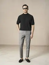 ウエストフィットの薄手ウールパンツ【ウエッジウール・ウエストタック・九分丈・チェック柄・スリムデザイン】（セットアップ対応）