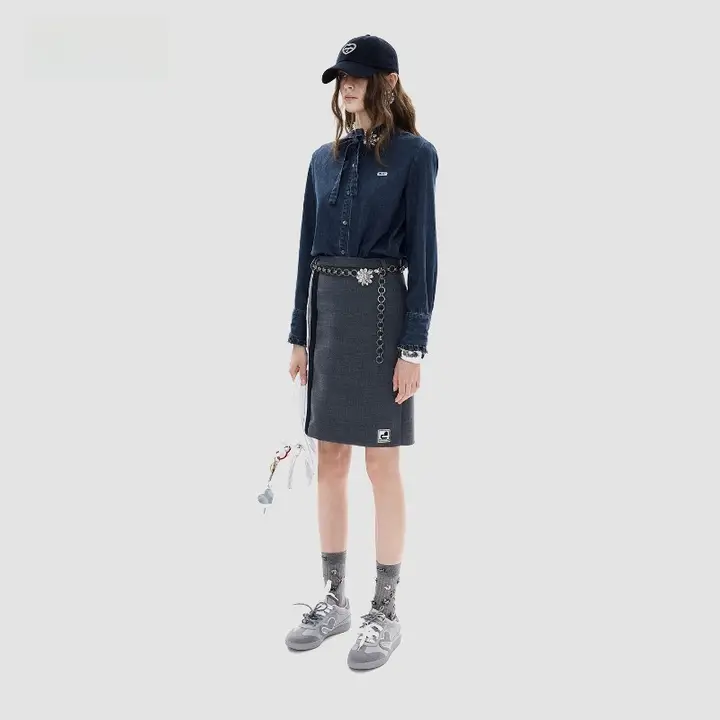 冬用デニム長袖シャツ【フリル装飾・女性用】