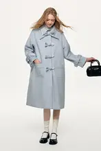 冬季水色の磨毛仕立て ボウタイデザインの中長丈高級ウールコート