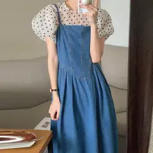 夏用ドット柄パフスリーブブラウス【ラウンドネック】とウエストマークデニムドレス【スクエアネック・シルエットを美しくするデザイン】（セットアップ対応）