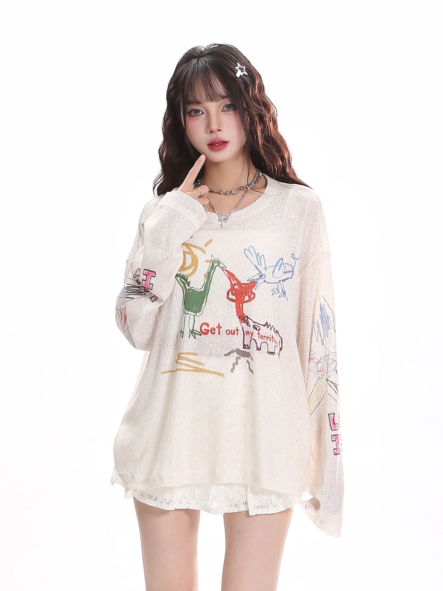 春季用の防晒Tシャツ【楽しいプリント・長袖・ゆったりフィット】