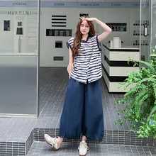 ストライプシャツとワイドパンツのコンビネーション【夏用・高級感・個性的デザイン・おしゃれコーデ】（セットアップ対応）