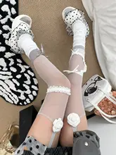 ミドル丈 メッシュソックス レディース レース カメリアモチーフ グレー レイヤードスタイル 上品 アート系「BON」