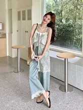 レースデザインのデニムベストとロングパンツ【夏用・おしゃれ】（セットアップ対応）