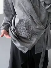 中華風デザイン 鶴刺繍のシルクシャツ【スムース・ドレープ感・長袖・ルーズフィット】