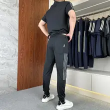 高弹性アイスシルクストライプカジュアルセット【メンズ・薄手・丸首・短袖・長ズボン】（セットアップ対応）