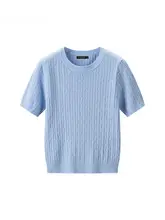 春季用 シンプルなツイスト編み ラウンドネックニットTシャツ【短袖・レディース】