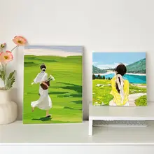 絵画 ウォールアート 卓上置き 天然木 油絵風 モダン シンプル 寝室 撮影背景 インスタ映え ピクニック 少女