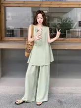 グリーンフリンジのノースリーブトップスとロングパンツ【夏用・大きいサイズ・カジュアルデザイン】（セットアップ対応）