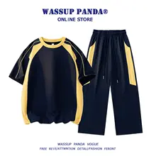 セットアップ 2点セット メンズ カラーブロック スポーツカジュアル 半袖Tシャツ ロングパンツ 夏 「WASSUP PANDA」